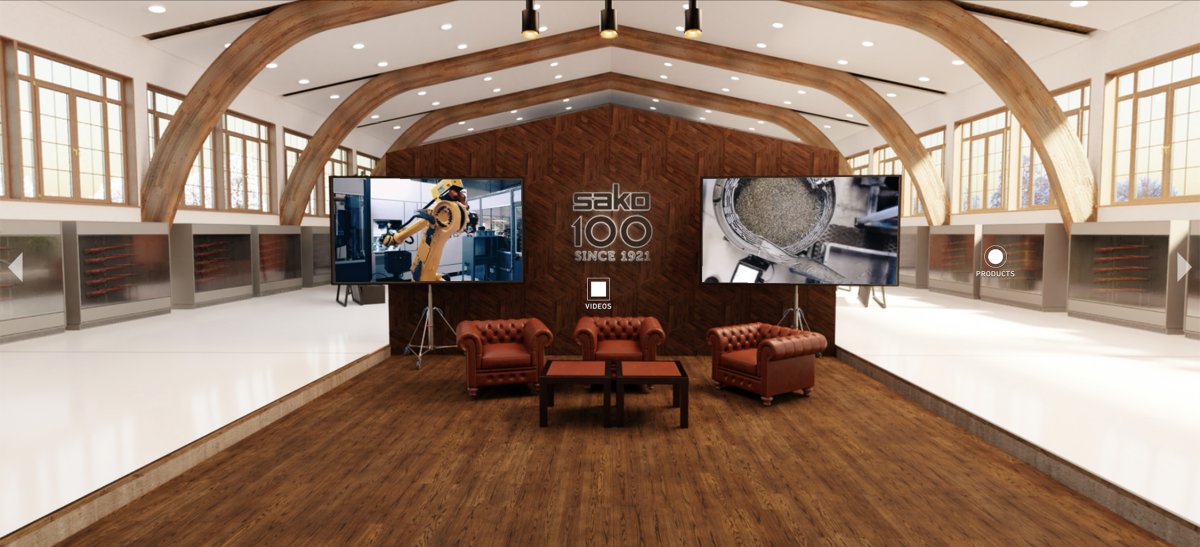 Sako virtual showroom lounge with leather armchairs and two video displays