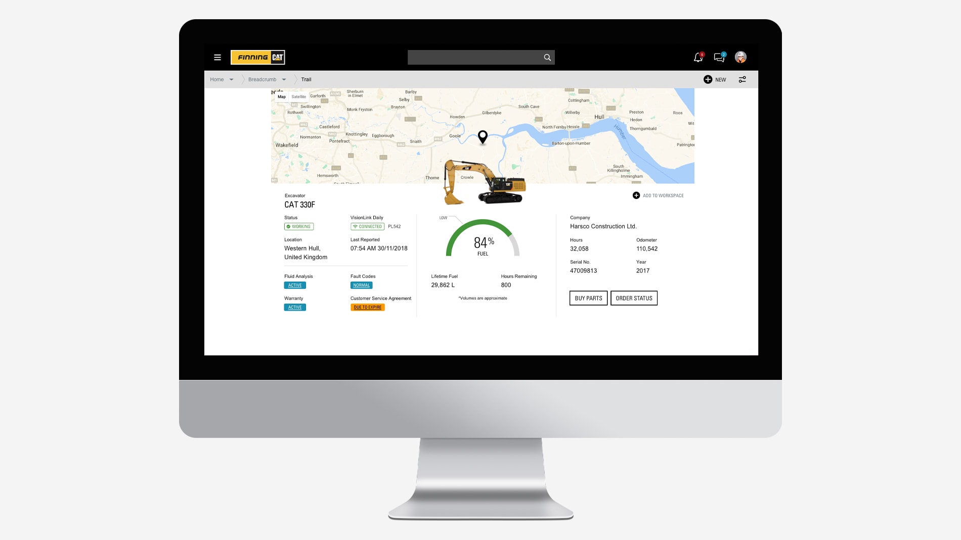 my.finning.com website showing specific information of an equipment