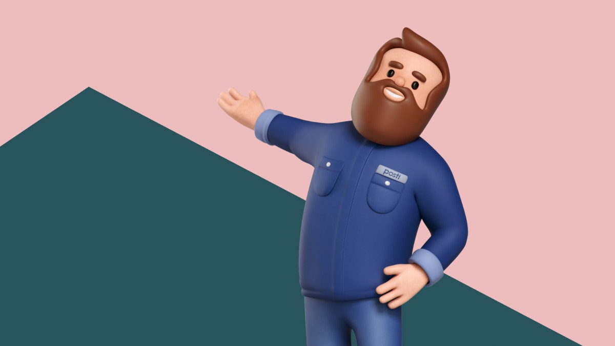 Bearded 3D character man with blue Posti uniform welcoming you