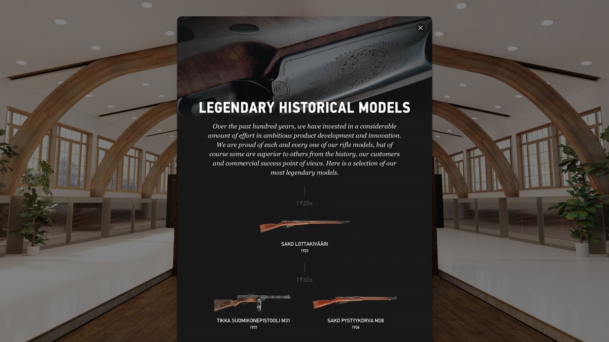 Sako’s legendary historical models on a timeline display within the virtual showroom